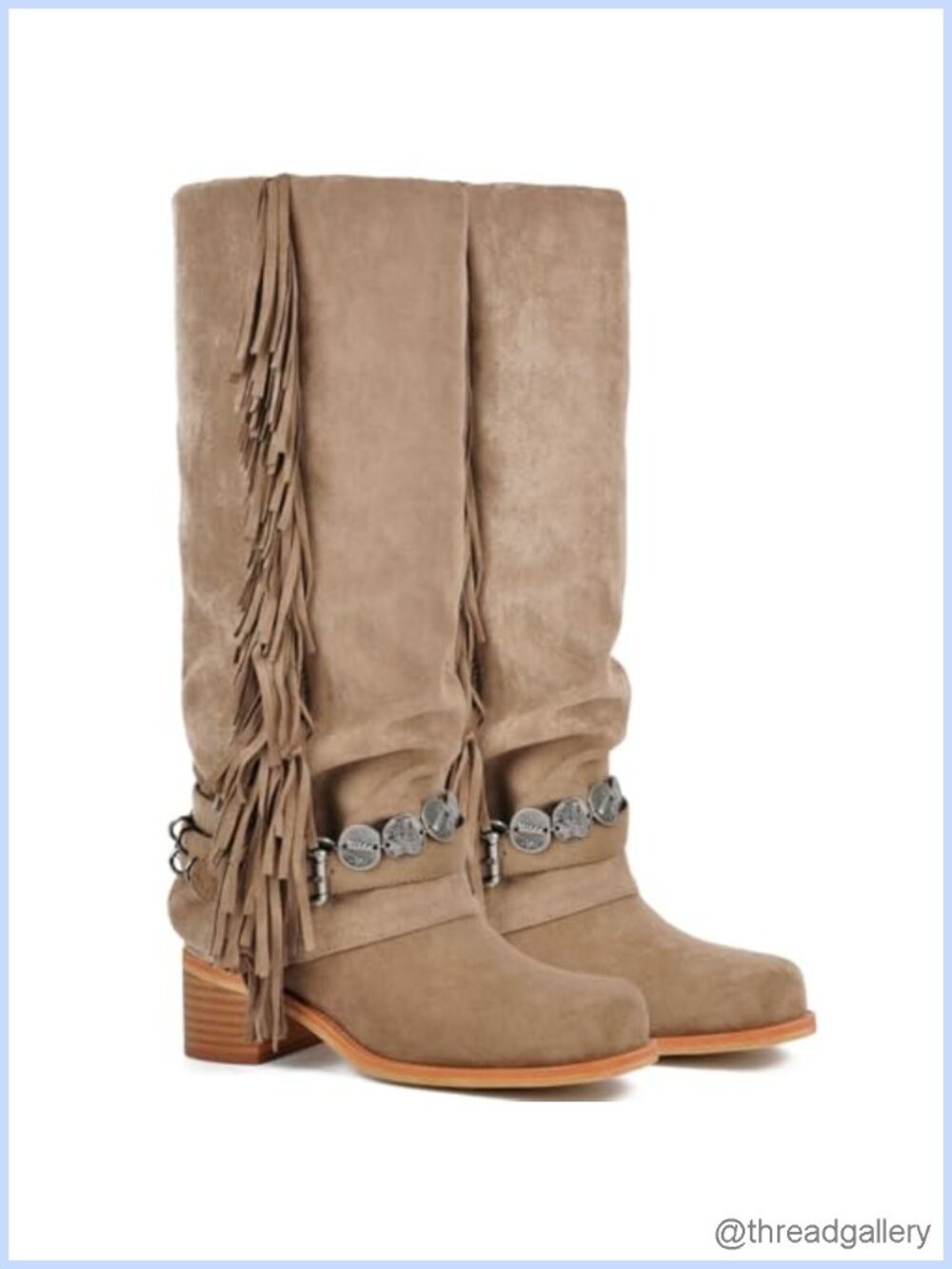 Knee High Riding Boots Fringe Buckle Slouch Chunky Heel Square Toe Suede